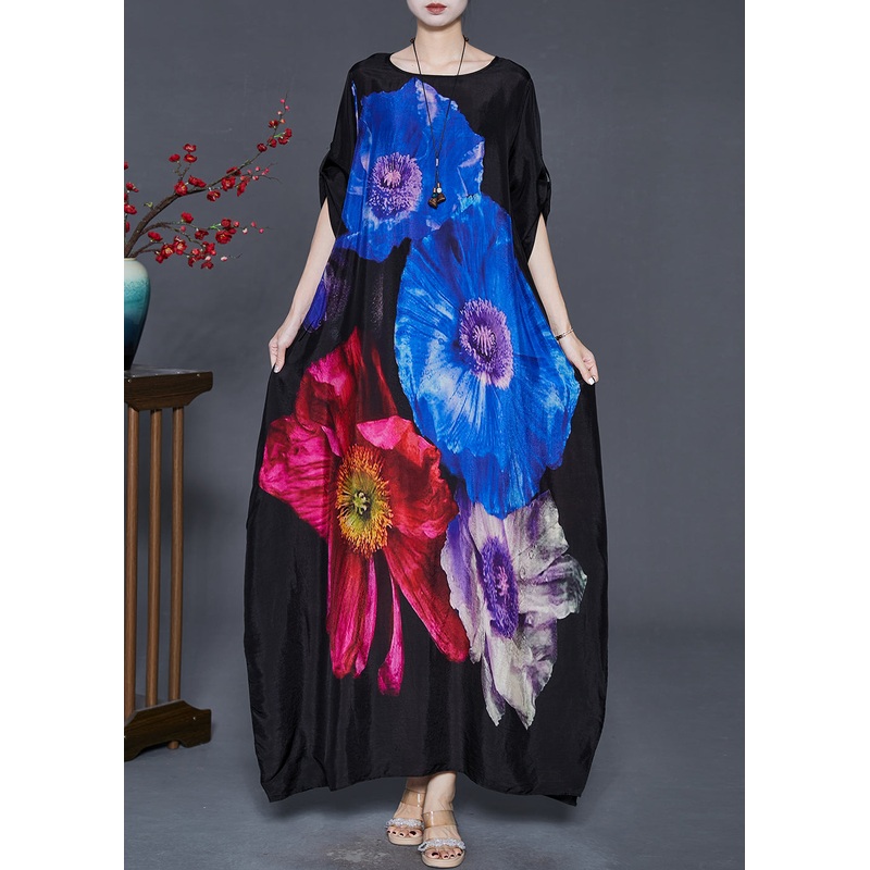 Blue Floral Silk Holiday Dress Oversized Spring