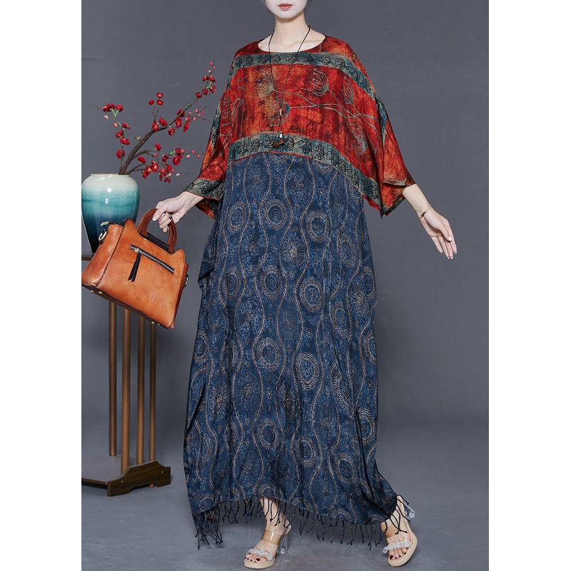 Bohemian Colorblock Tasseled Patchwork Chiffon Ankle Dress Summer