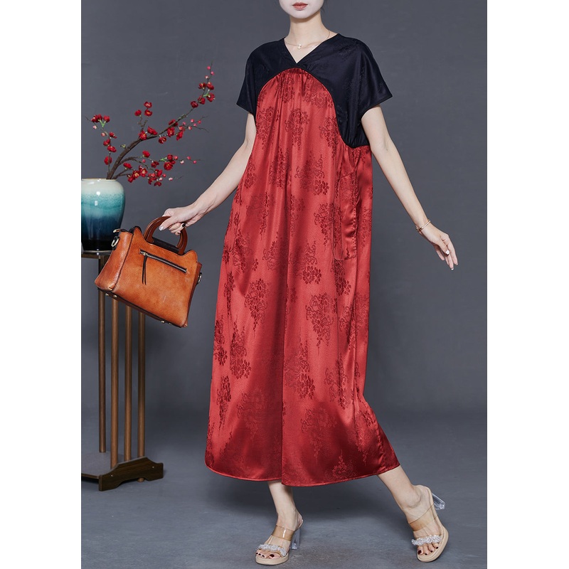 Boho Red V Neck Patchwork Silk Dresses Summer