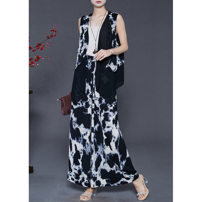 Boutique Black Print Patchwork Chiffon Two Piece Suit Set Summer