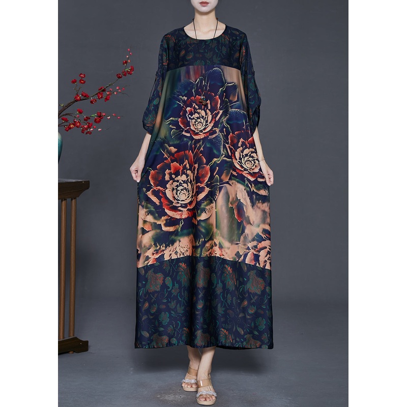 Boutique Navy Oversized Print Silk Long Dress Spring