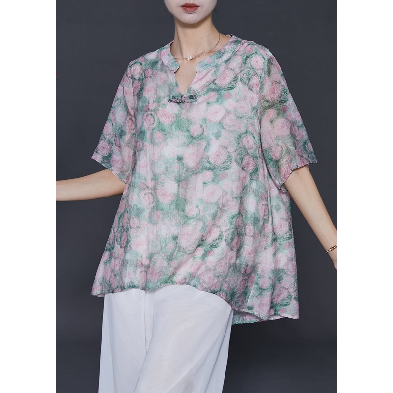 Casual Green Oversized Print Cotton Blouses Summer