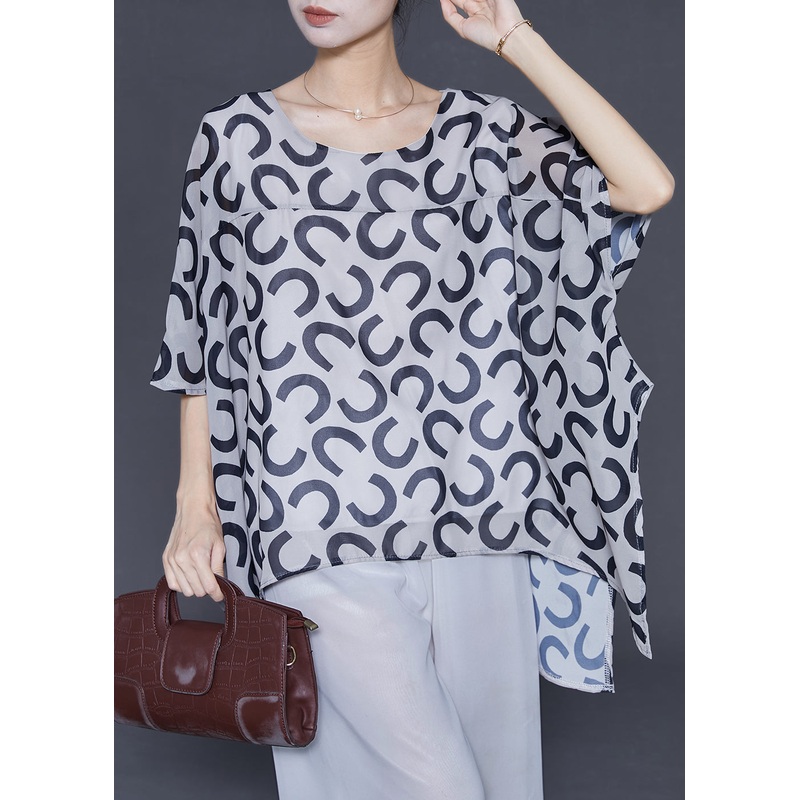 Casual White Oversized Print Chiffon Tank Tops Batwing Sleeve