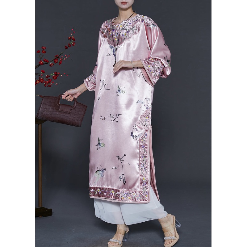 Chinese Style Pink Print Side Open Silk Cheongsam Dress Spring