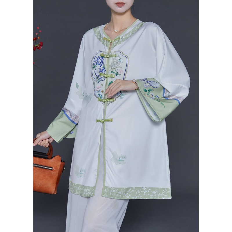 Chinese Style White Print Chiffon Shirts Spring