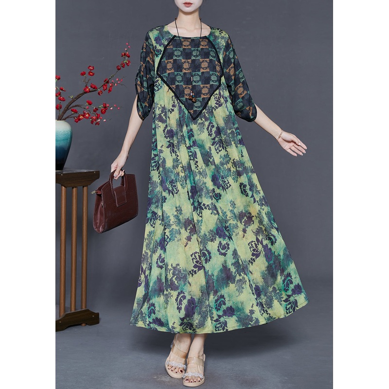 Elegant Green Oversized Print Silk Dresses Spring