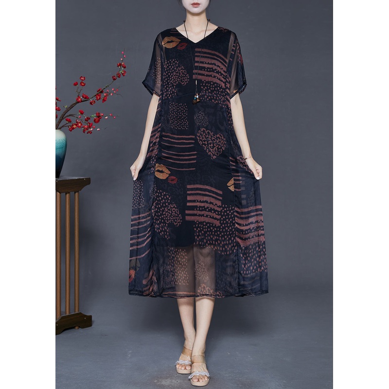 Fashion Black Oversized Print Chiffon Long Dress Summer