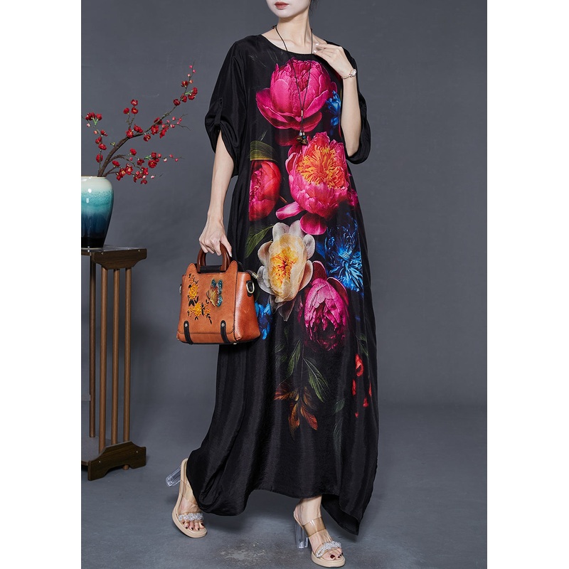 Fashion Red Oversized Floral Silk Maxi Dress Spring