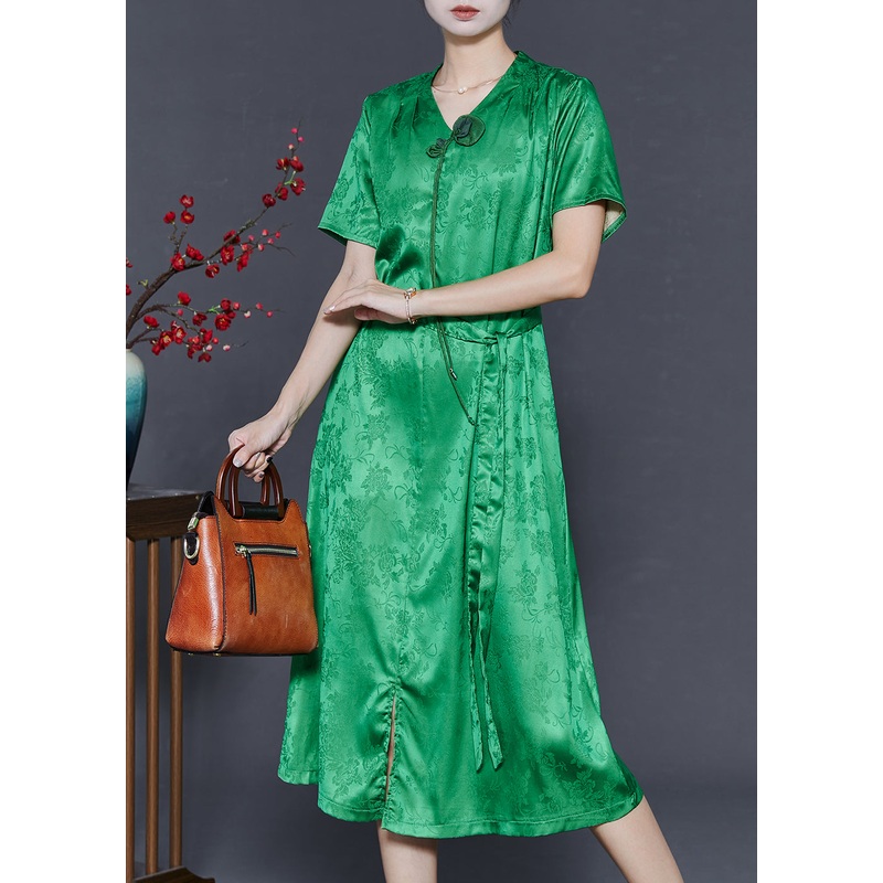 Fine Grass Green Tasseled Print Silk Dresses Summer