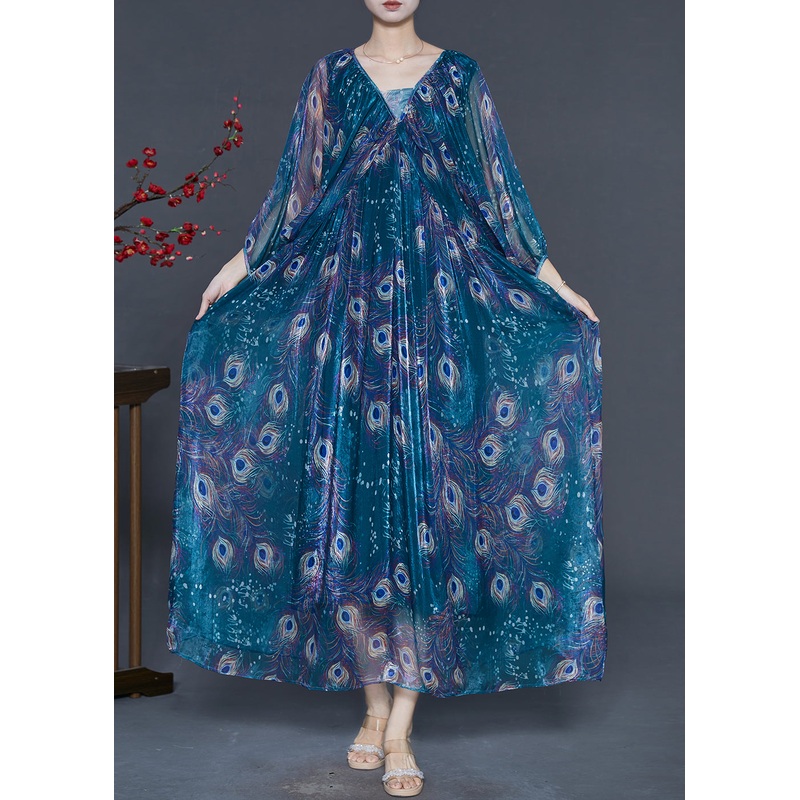 Fine Peacock Green Oversized Feather Print Chiffon Maxi Dress Spring
