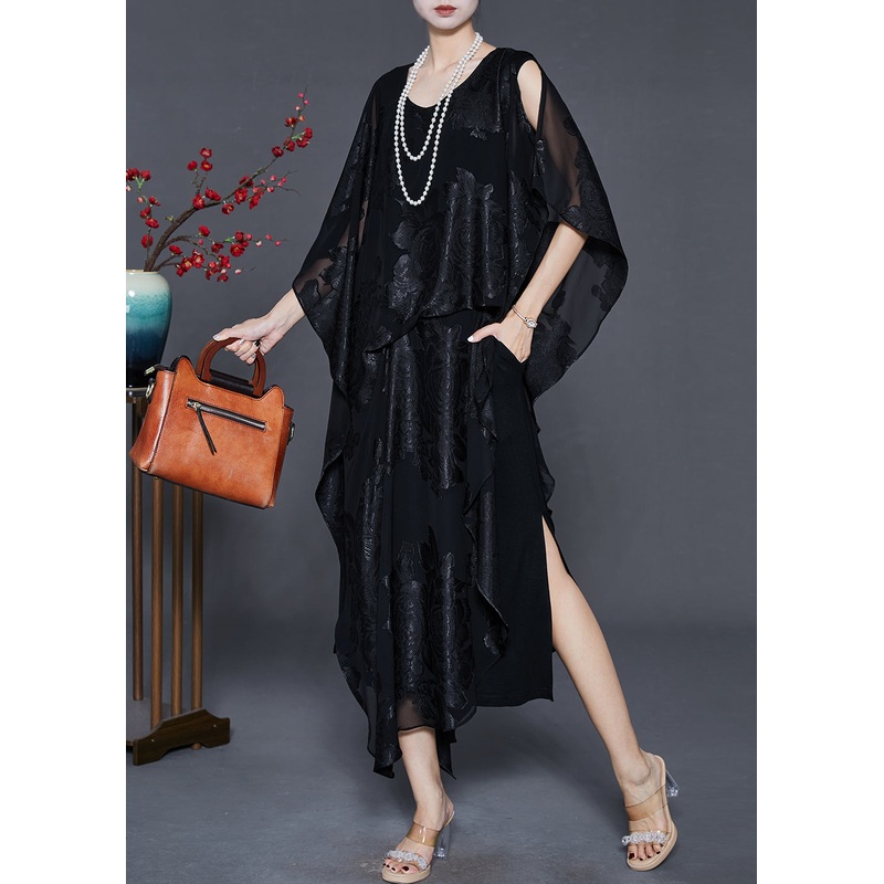 French Black Asymmetrical Cold Shoulder Silk Dress Summer