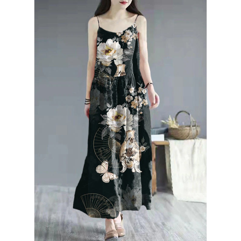 French Black Flowers print cotton clothes Spaghetti Strap Dresses summer Dresses