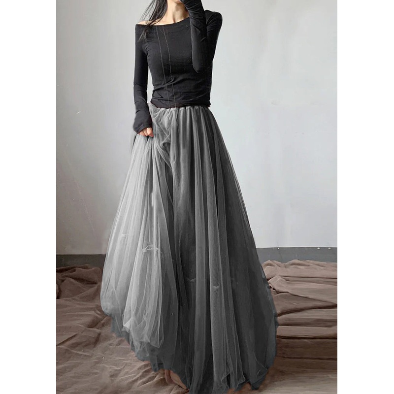 French Grey Asymmetrical wrinkled tulle Skirt Winter
