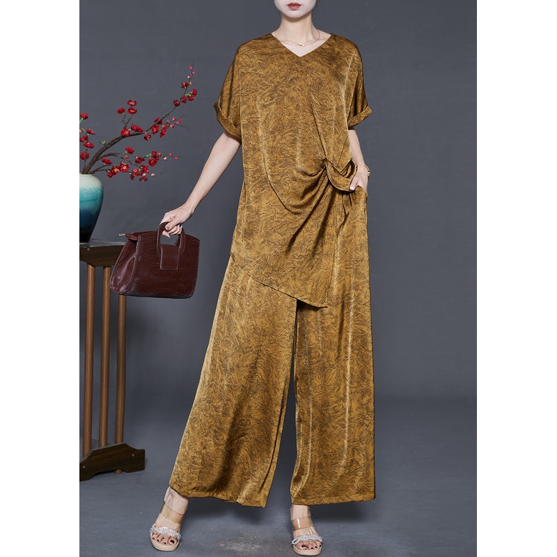 Golden Jacquard Silk Two Piece Suit Set Asymmetrical Summer