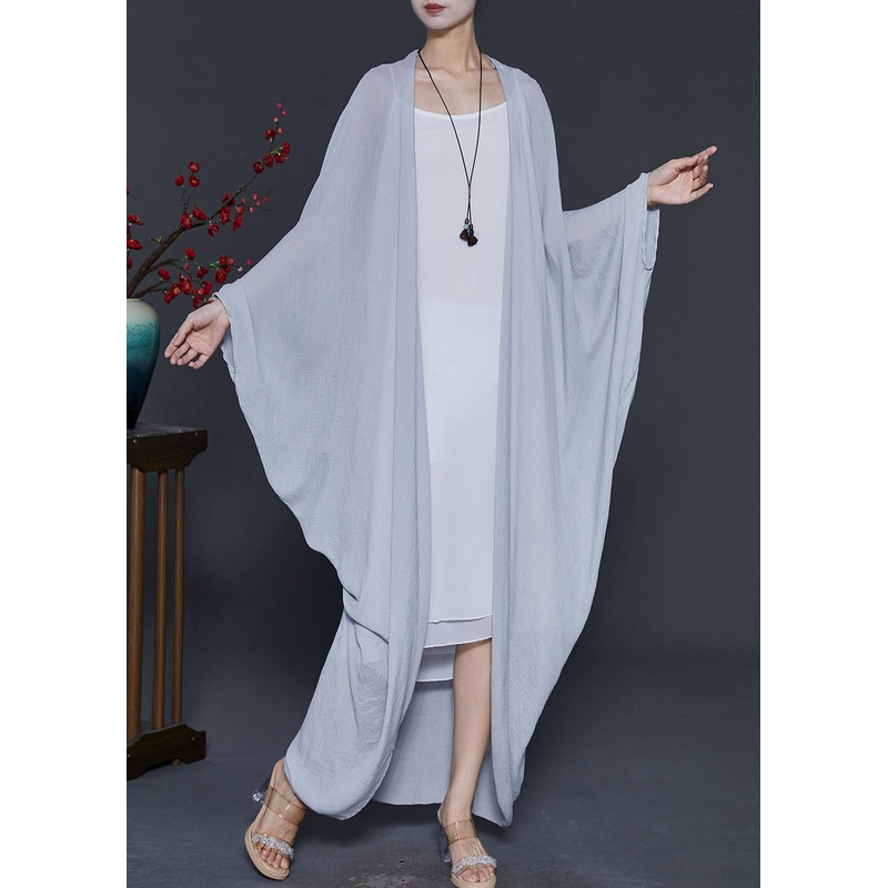Grey Cotton Long Cardigans Oversized Batwing Sleeve