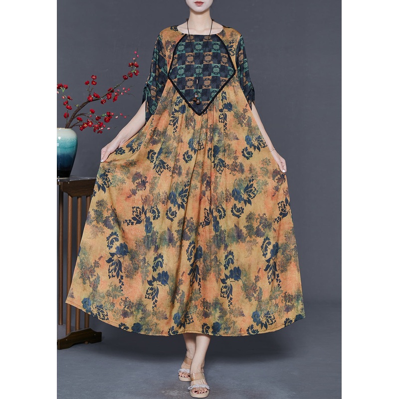 Khaki Print Silk Holiday Dress Oversized Spring