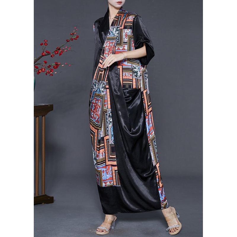 Natural Black Asymmetrical Print Silk Dress Spring