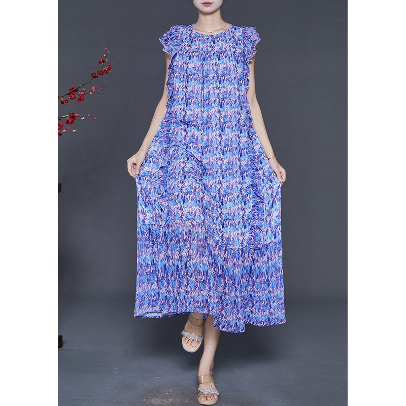 Natural Blue Ruffled Print Chiffon Vacation Dresses Sleeveless