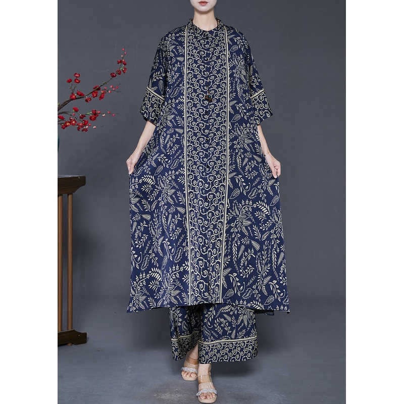 Navy Print Silk Two Piece Set Women Clothing Oversized Summer