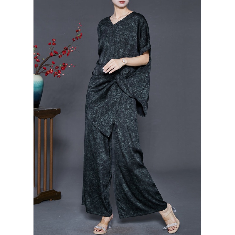 Organic Black Asymmetrical Jacquard Silk Two Pieces Set Summer