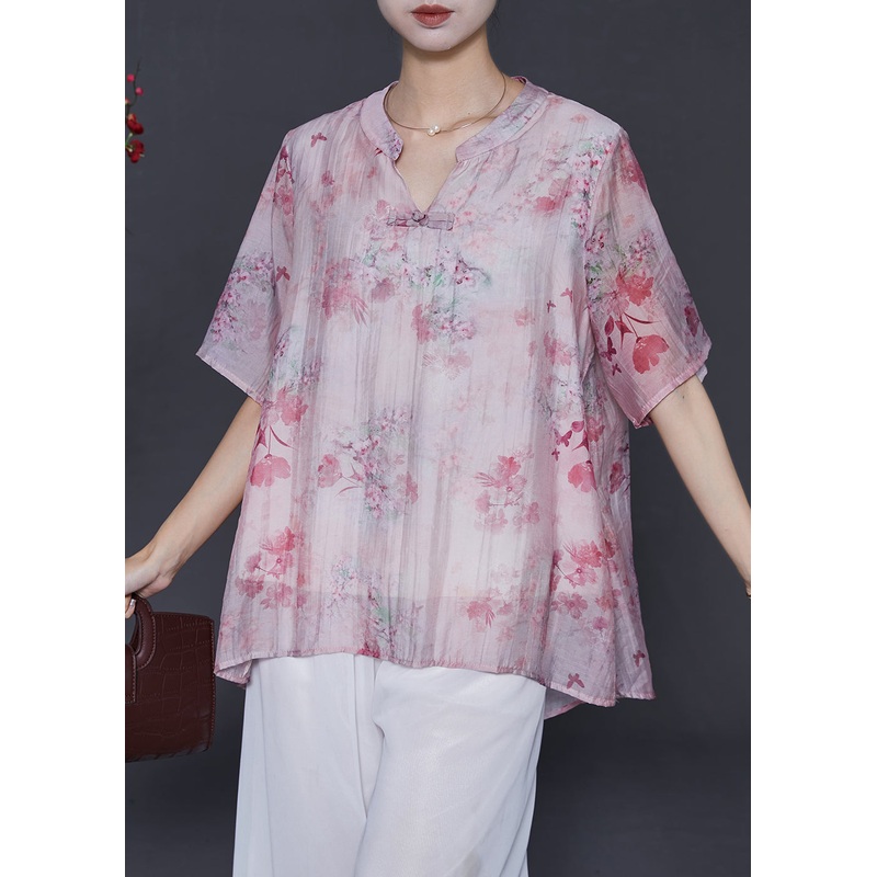 Pink Print Cotton Loose Shirts Chinese Button Summer