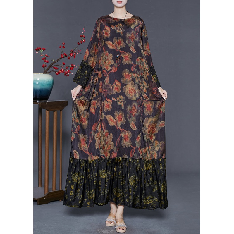Plus Size Black Oversized Patchwork Print Silk Maxi Dresses Flare Sleeve