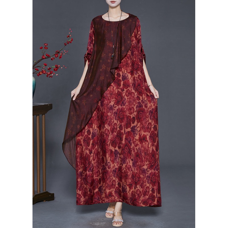 Plus Size Red Asymmetrical Print Silk Robe Dresses Spring