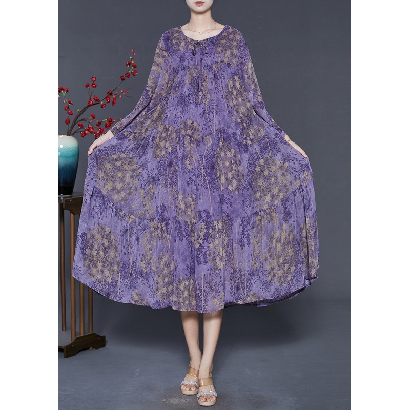 Purple Print Chiffon Dresses Oversized Exra Large Hem Spring