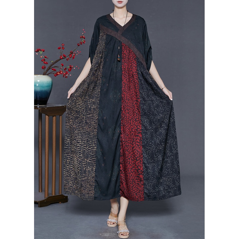 Style Red Oversized Patchwork Silk Holiday Dress Spring