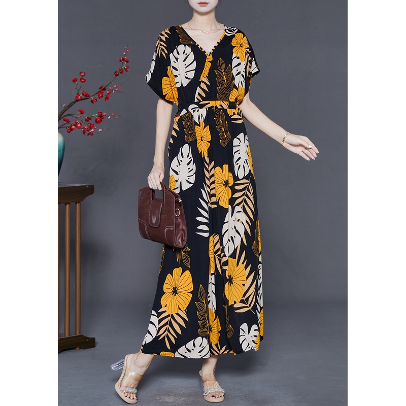 Stylish Black V Neck Print Silk Ankle Dress Summer