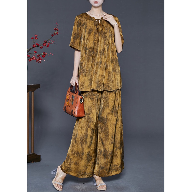Vintage Brown Oversized Tie Dye Silk Two Piece Set Summer