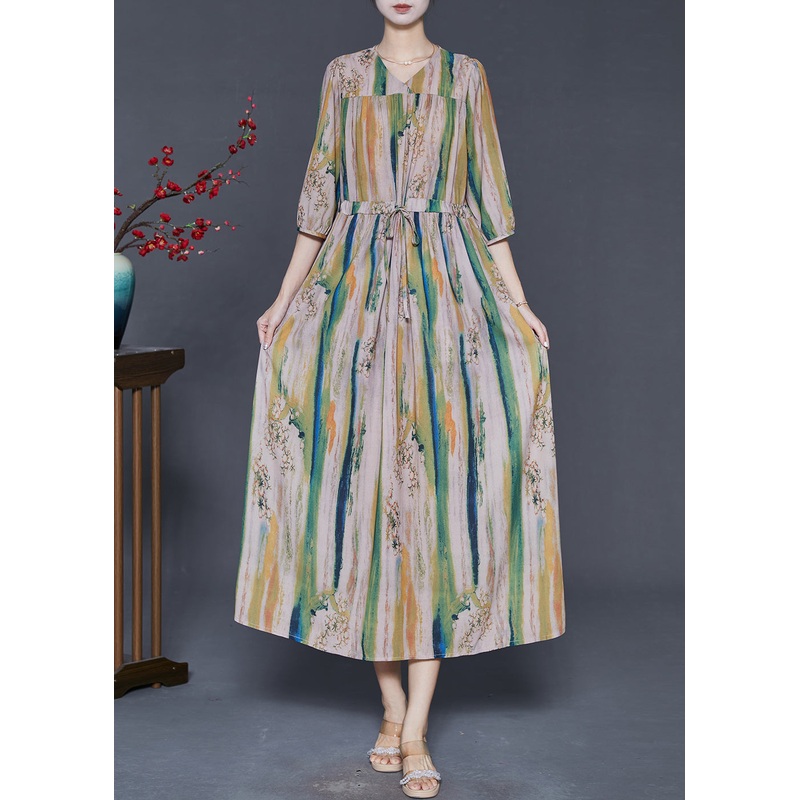 Vintage Khaki Cinched Print Silk Dress Summer
