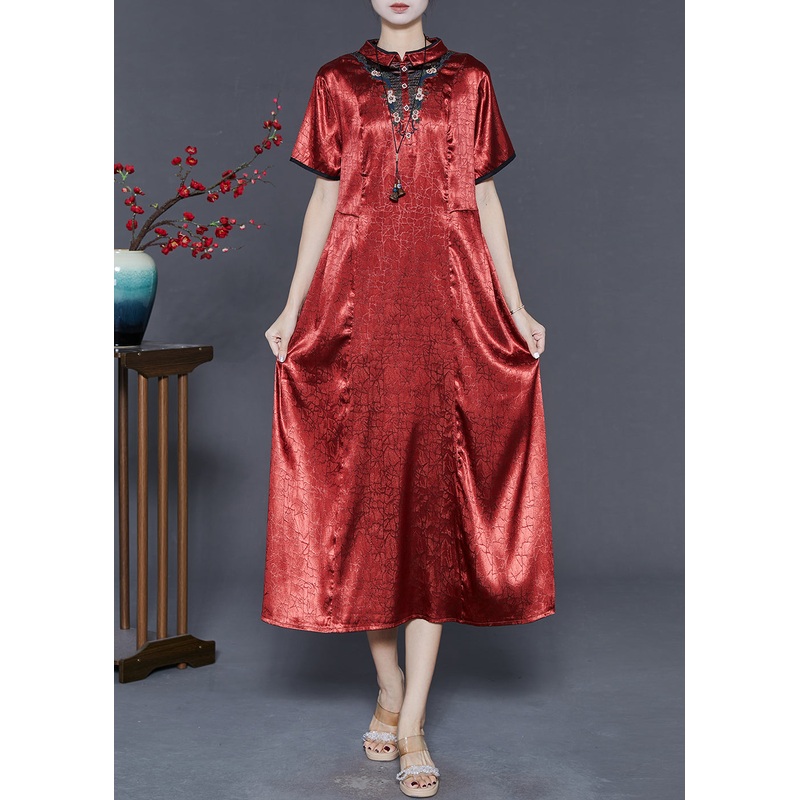 Vintage Red Mandarin Collar Embroidered Silk Dresses Summer