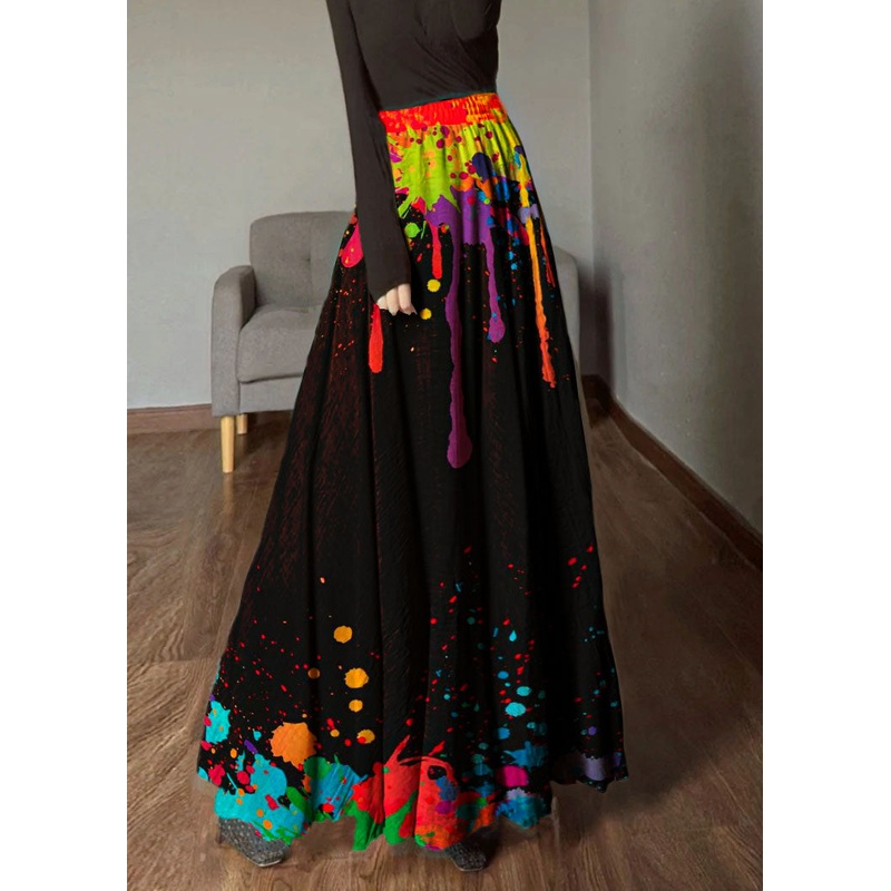 Beautiful Black Geometry Elastic Waist Exra Large Hem Linen Skirts Spring