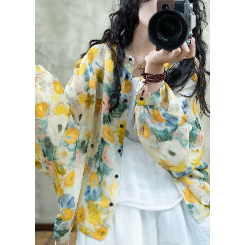 Beautiful Yellow Print Button Linen Loose Shirts Lantern Sleeve