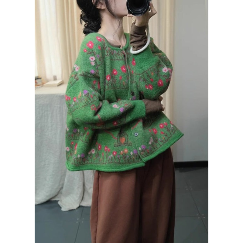 Bohemian Green O Neck Print Loose Knit Cardigans Spring