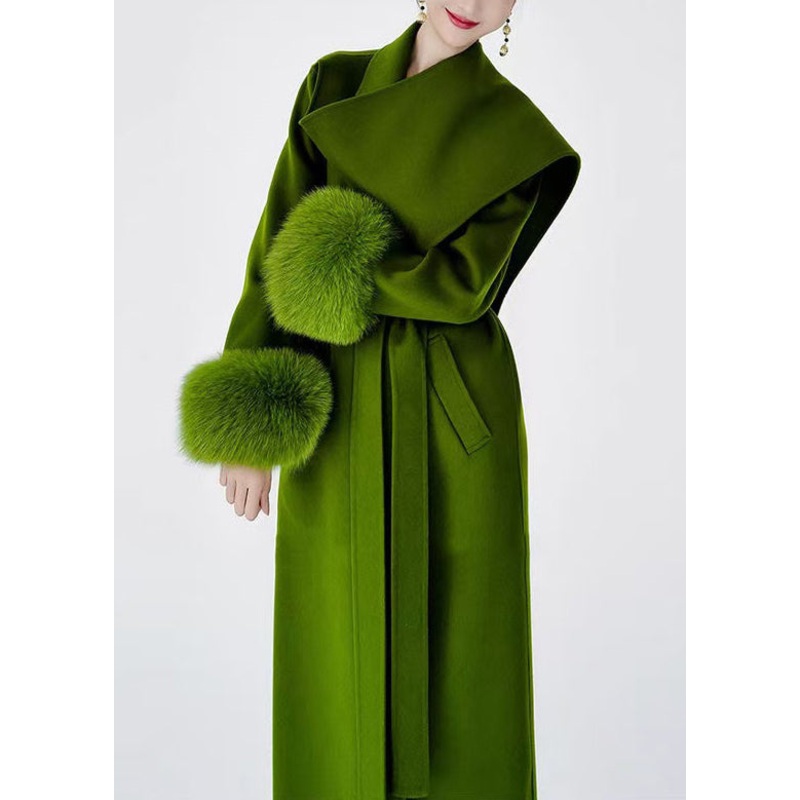 Boutique Green Tie Waist Patchwork Wool Coats Spring