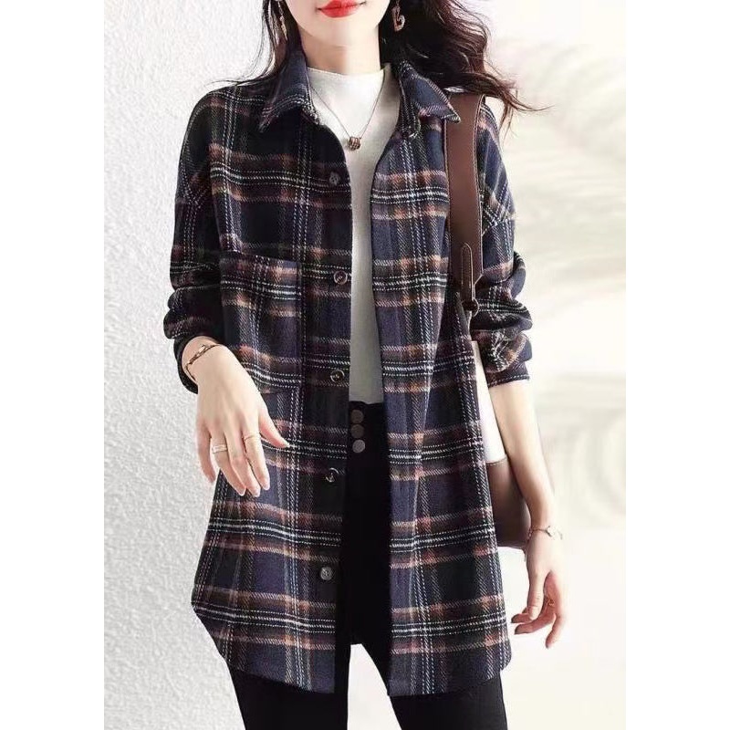Casual Navy Peter Pan Collar Plaid Cotton Shirt Coats Spring