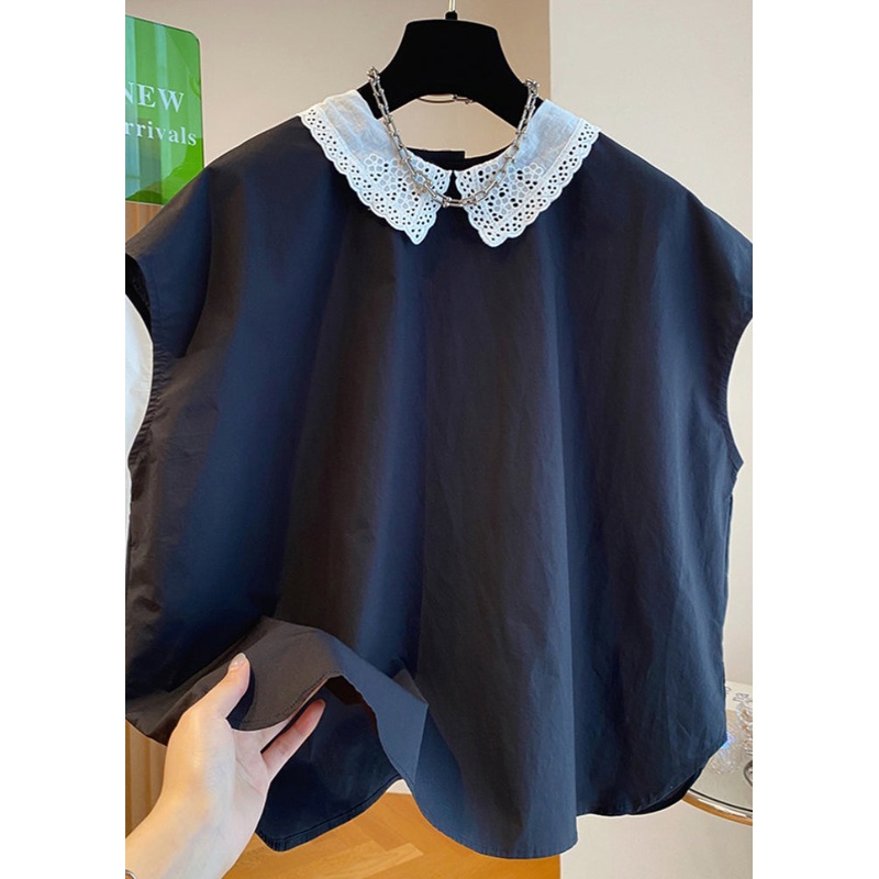 Chic Black Peter Pan Collar Cotton Shirts Top Summer