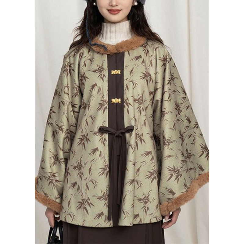Chinese Style Fur Collar Print Patchwork Silk Coat Spring