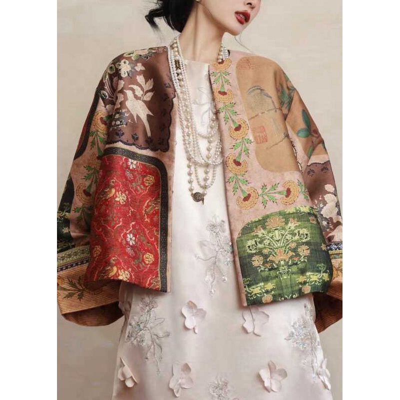 Chinese Style Yellow O-Neck Print Silk Coats Spring