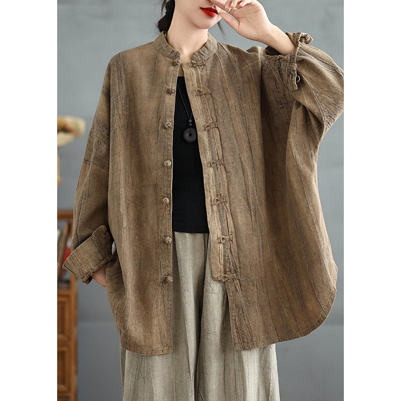Coffee Cotton Shirts Stand Collar Oriental Button Spring