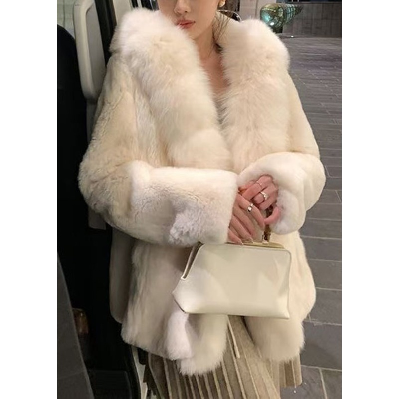 Elegant Beige Hooded Fur Collar Mink Hai Coat Spring