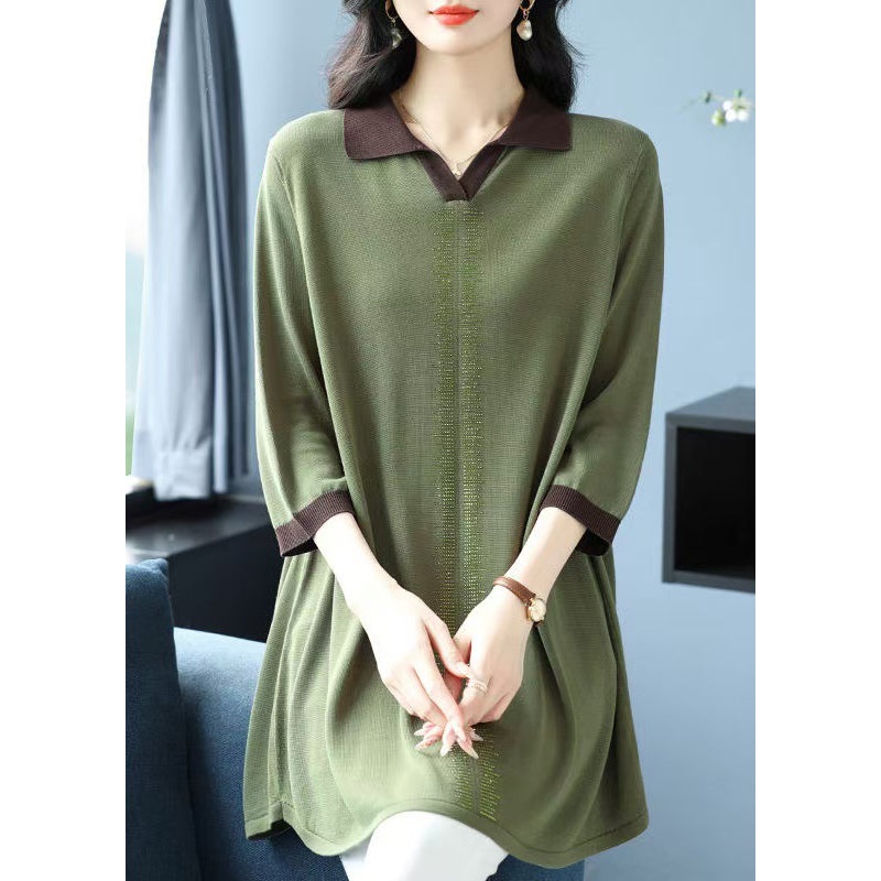 Elegant Green Hign Neck Ice Silk Knit Shirt Top Bracelet Sleeve