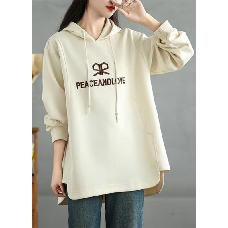 Fashion Beige Embroidered Graphic Cotton Sweatshirts Top Spring