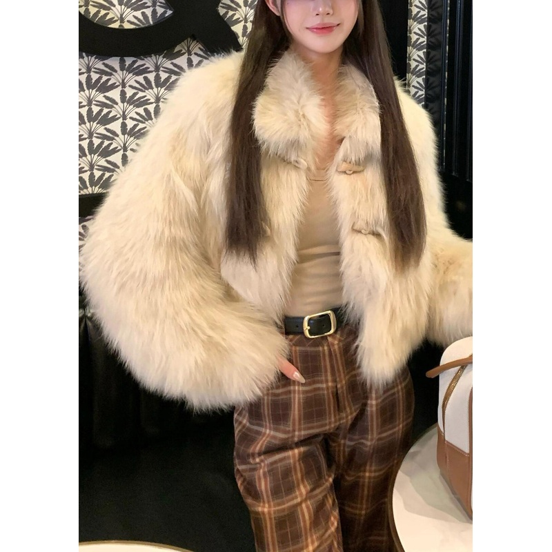 French Apricot Peter Pan Collar Button Leather And Fur Coat Spring