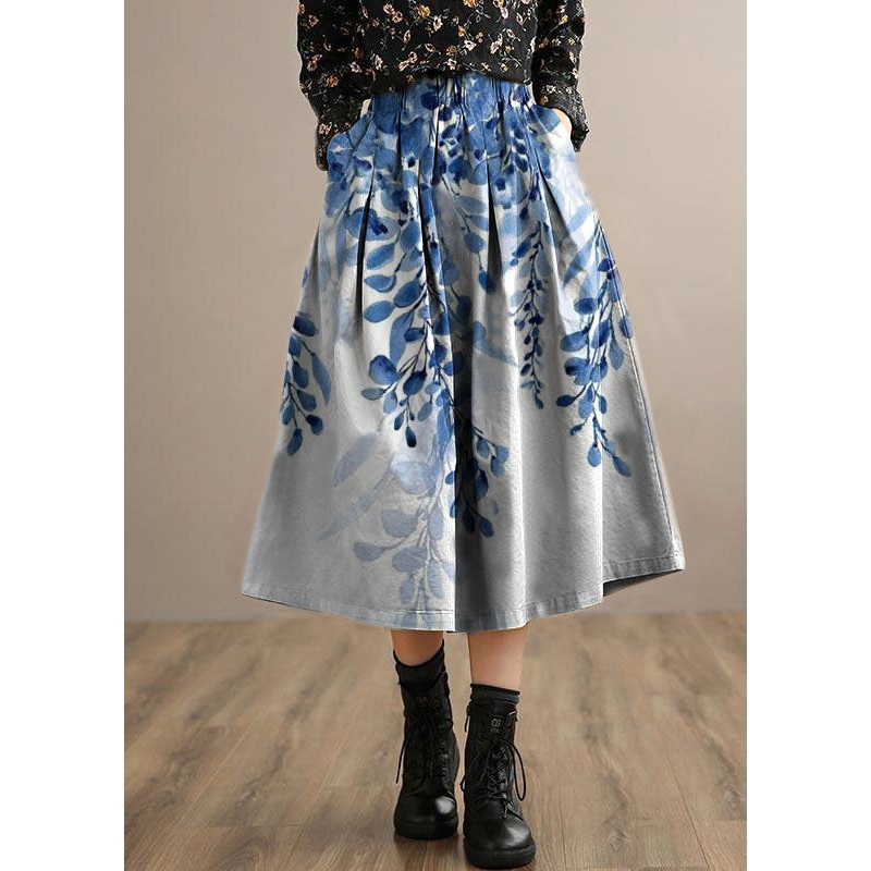French Blue Flowers Clothes For Women Elastic Waist Art Spring Dresses