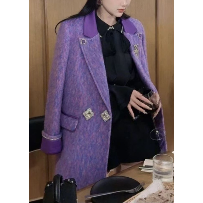 Loose Purple Notched Button Woolen Coats Spring