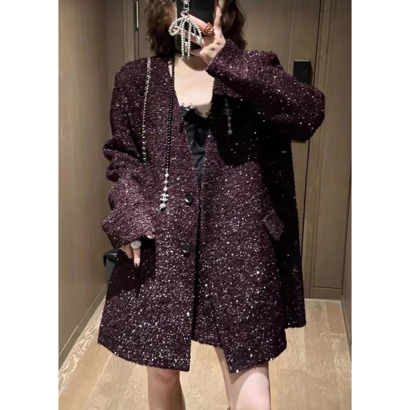 Loose Purple V Neck Double Breast Sequins Coats Spring