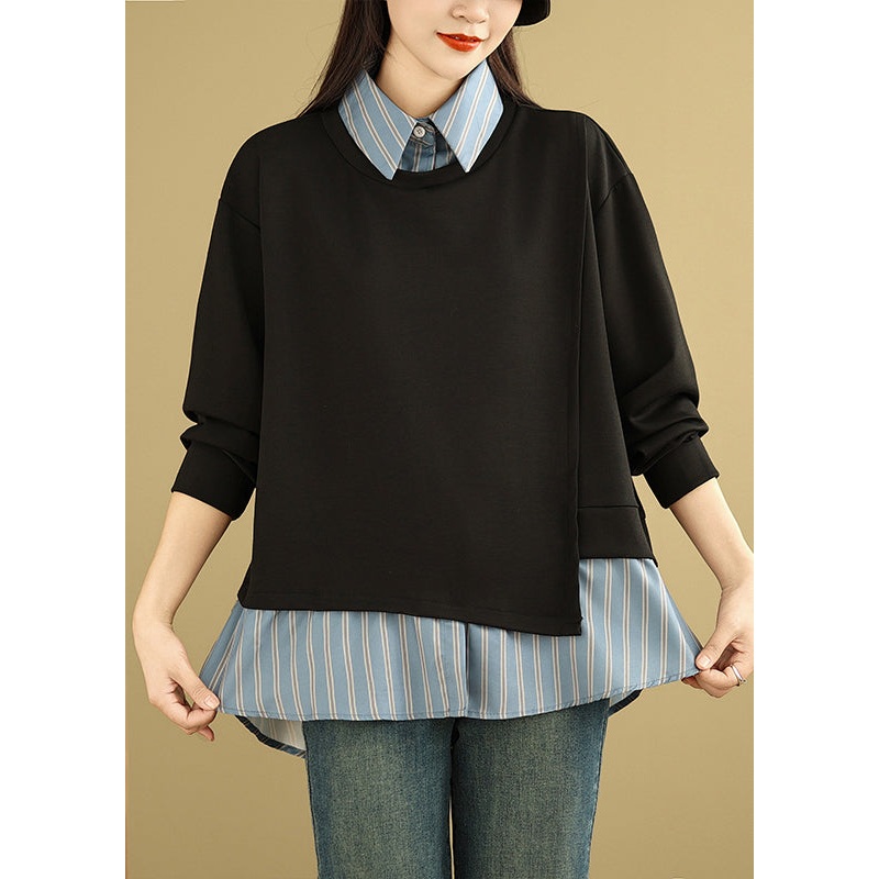 New Black Peter Pan Collar Patchwork False Two Pieces Cotton Blouse Tops Spring